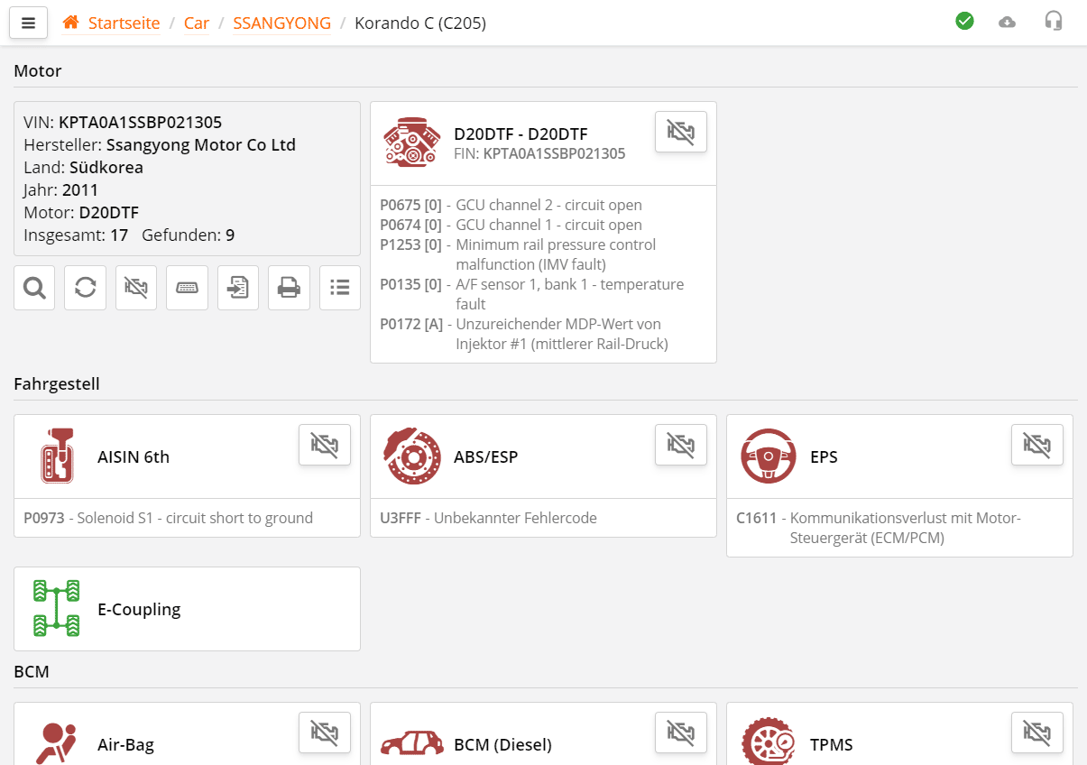Liste der gefundenen ECUs für Ihr Fahrzeug
