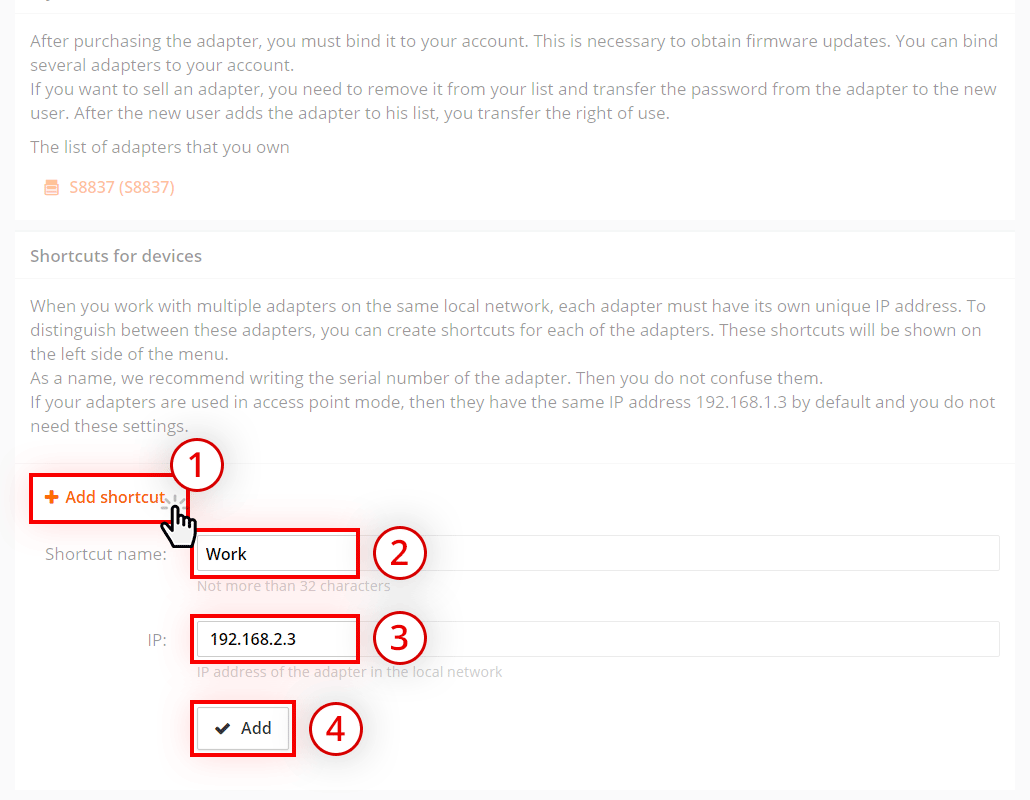 Adapter shortcut section